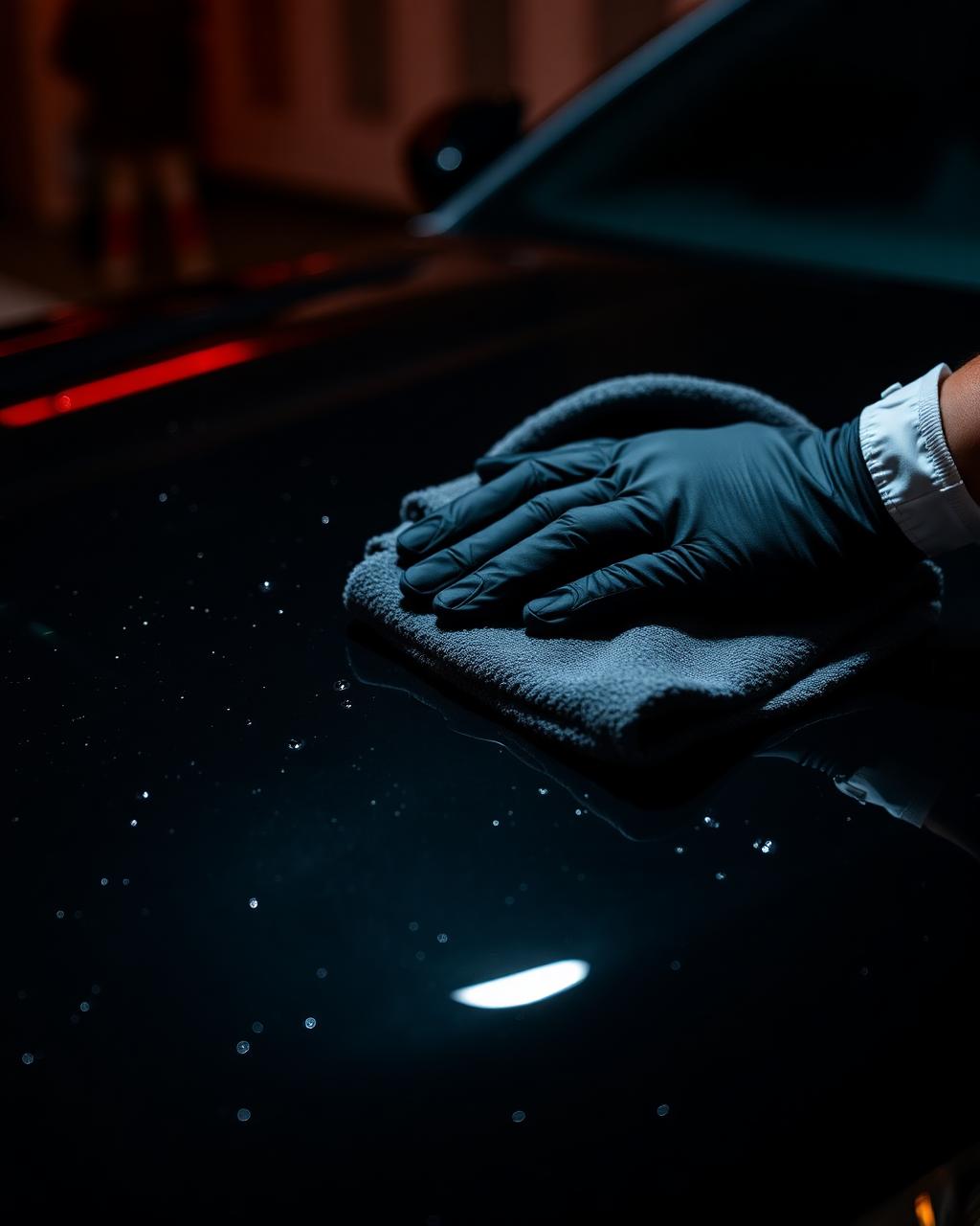 Owner-operator hand detailing a glossy black hood with a microfiber towel