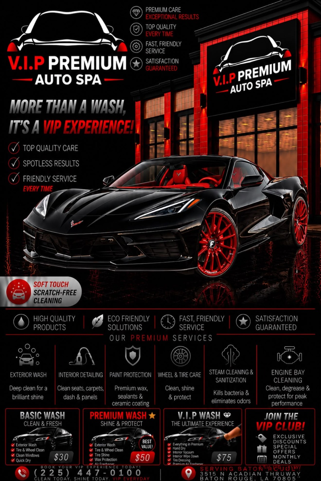 V.I.P premium auto spa flyer with black Corvette on red wheels and service menu