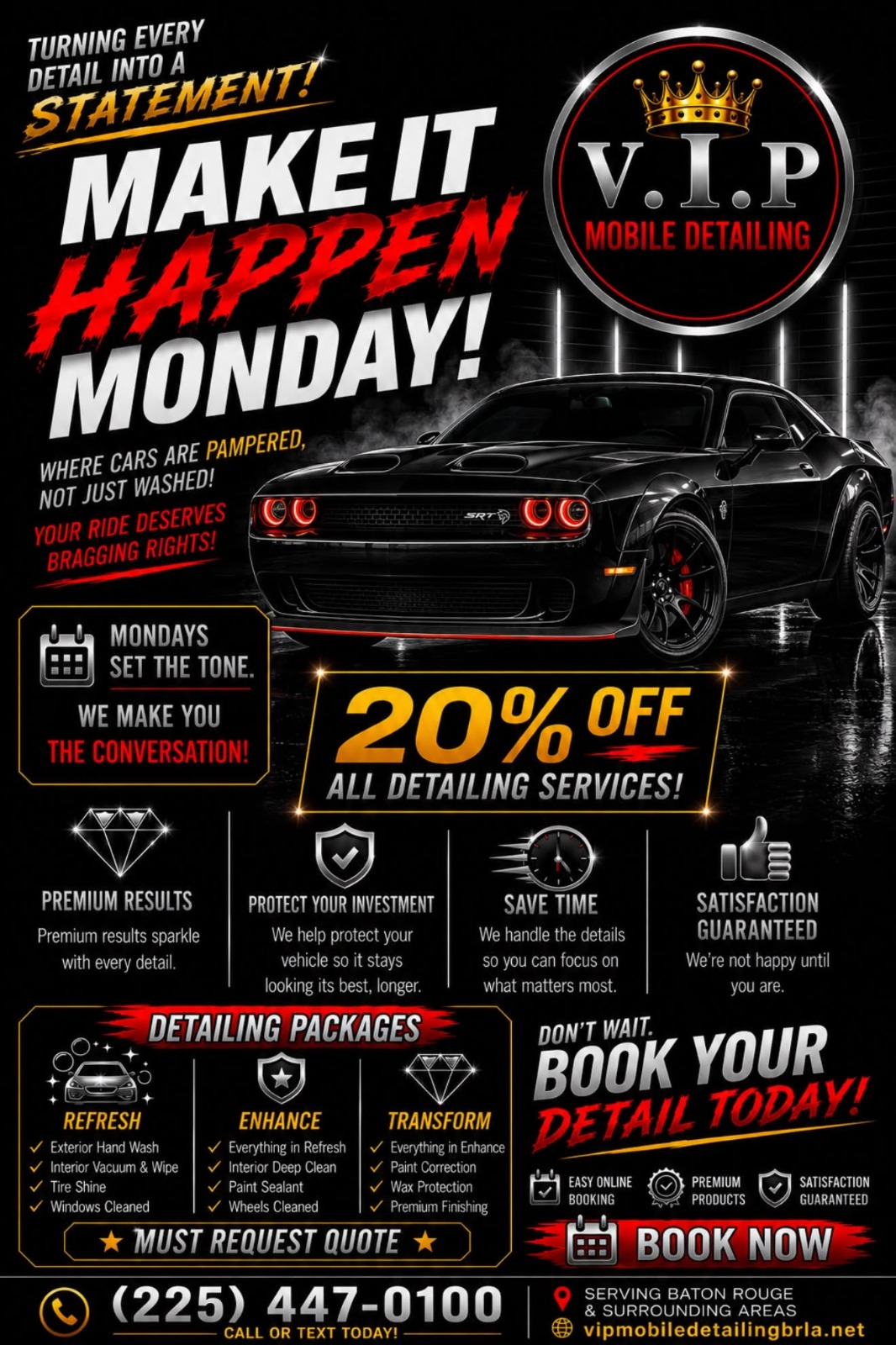 Make It Happen Monday promotional flyer — 20% off all detailing services