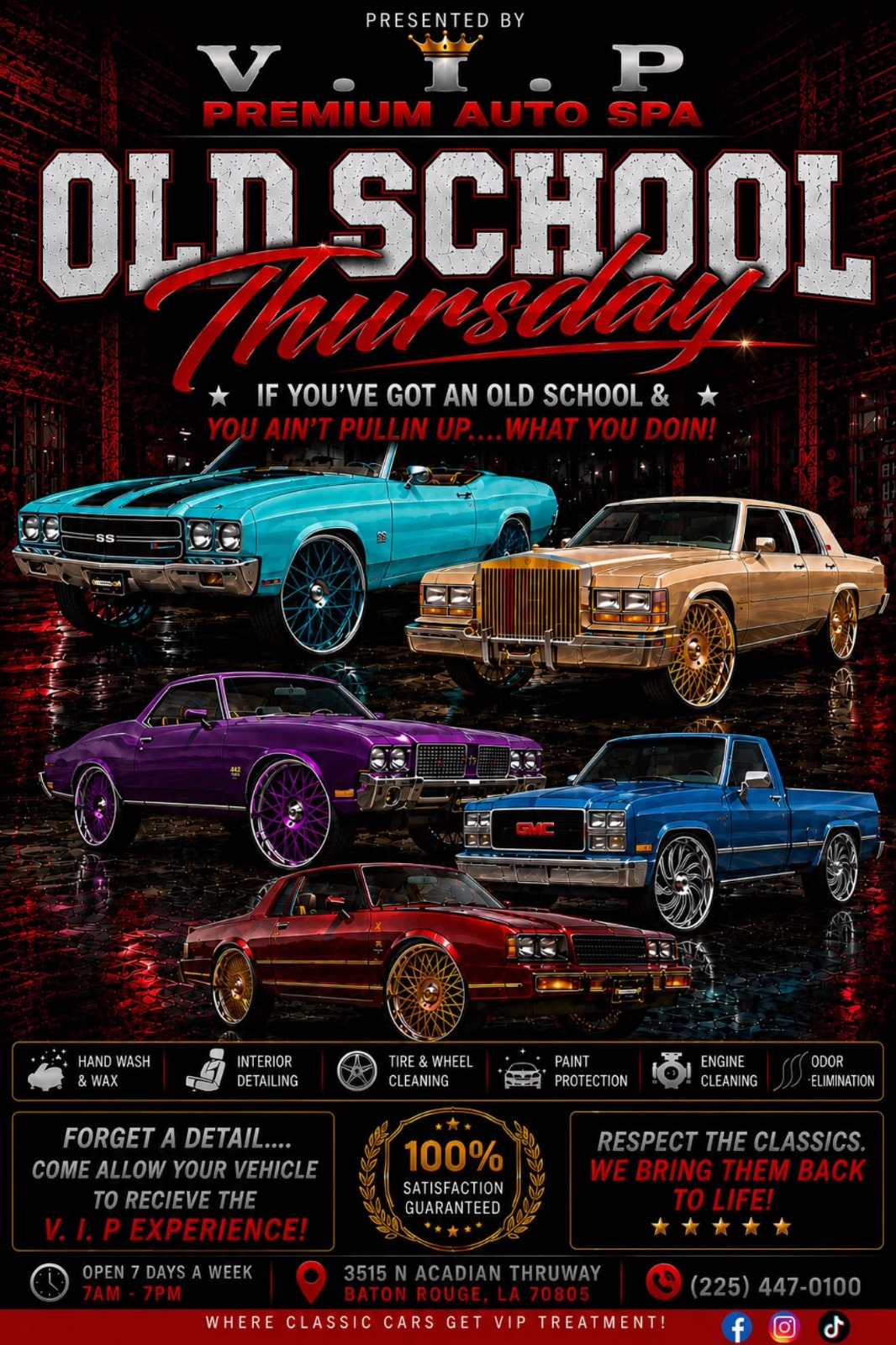 Old School Thursday promotional flyer featuring classic cars on custom wheels